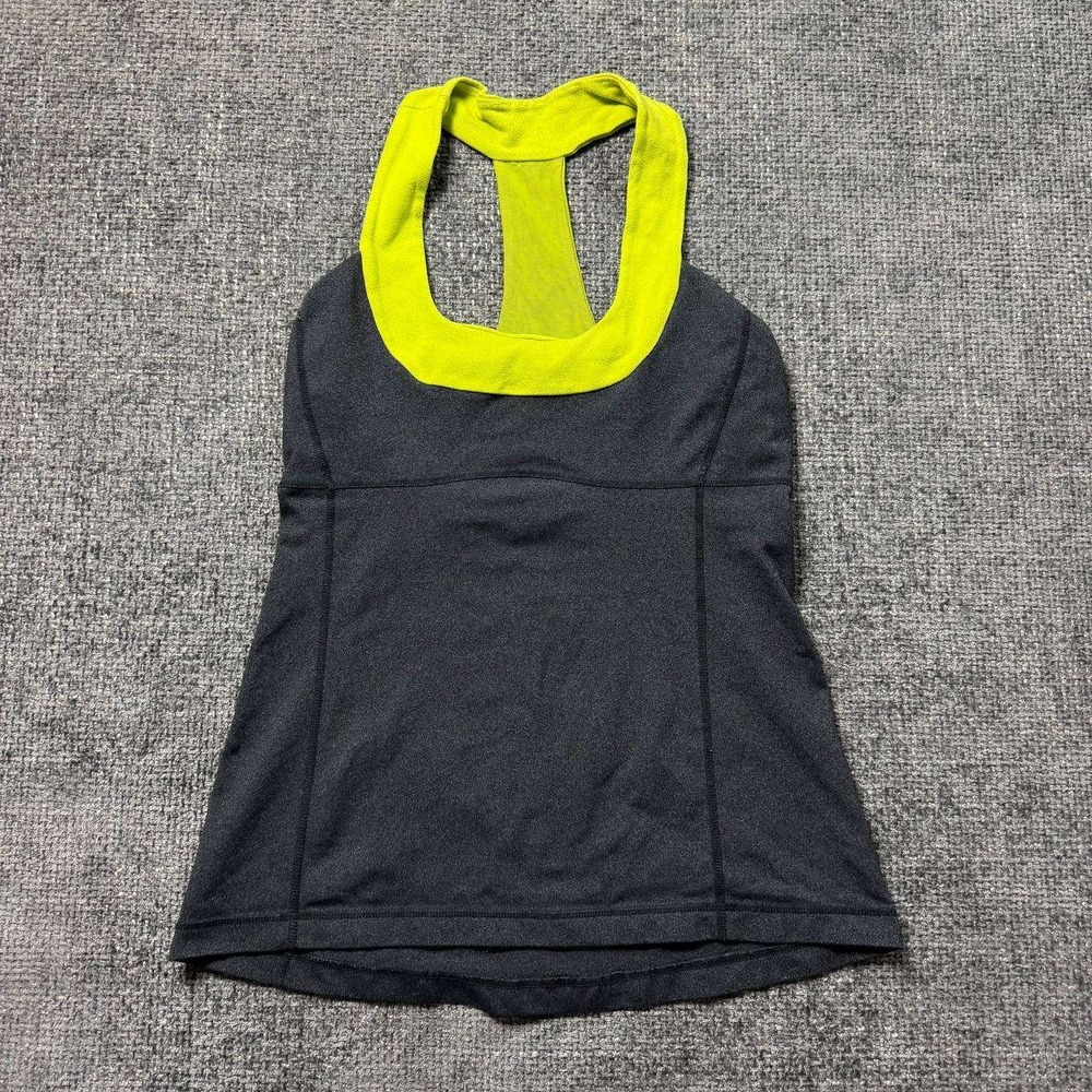 Lululemon Racerback Tank Top Womens‎ 8 Grey Neon Green Shelf Bra Athletic